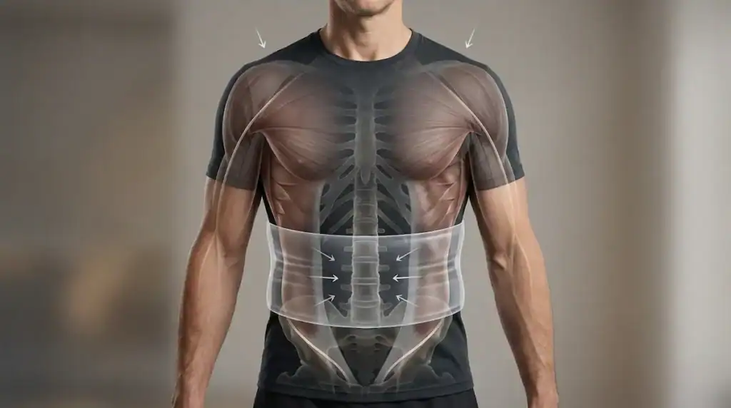 Illustration showing how the lats and core stabilize the spine like tension cables during movement