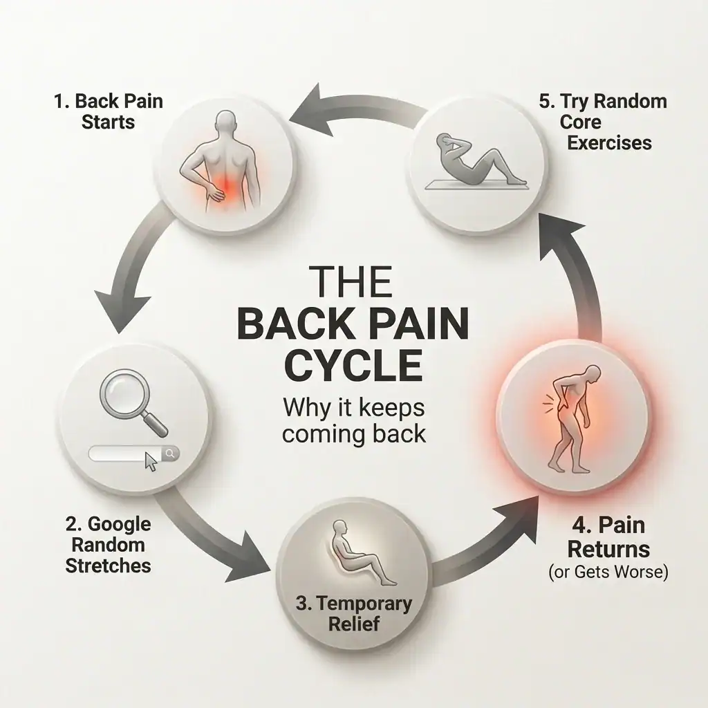 Infographic showing the cycle of lower back pain from temporary relief to recurring pain
