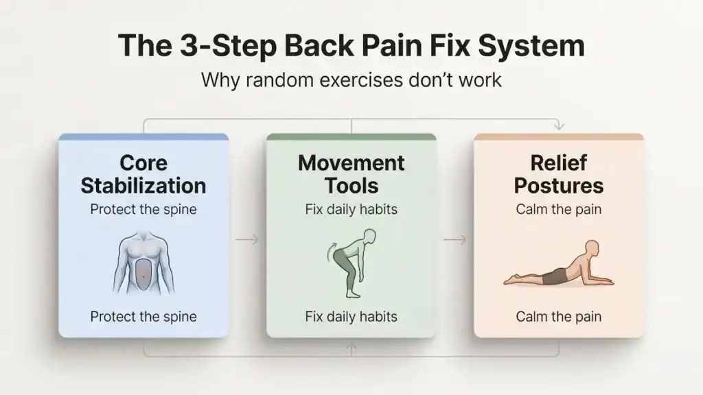 Diagram showing three-part system for lower back pain including core stabilization movement and relief exercises