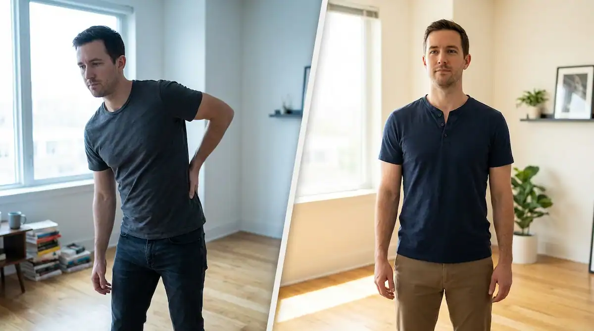 Man showing lower back pain with poor posture compared to standing with a neutral spine