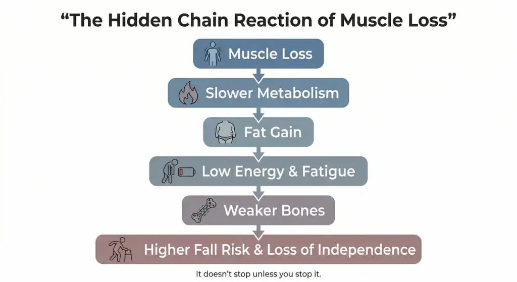 muscle loss chain reaction aging strength training Flowchart showing how muscle loss leads to slower metabolism, fat gain, low energy, weaker bones, and increased fall risk in older adults