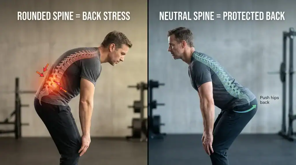 Side-by-side comparison of rounded lower back versus neutral spine during a hip hinge movement