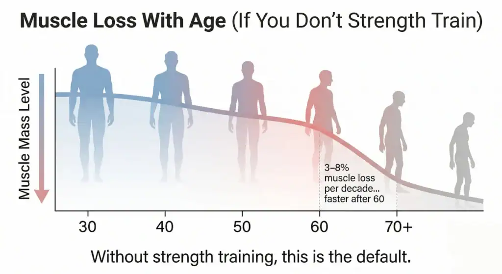 sarcopenia muscle loss with age chart seniors Chart showing gradual muscle loss with age from 30 to over 70, with faster decline after age 60 in adults without strength training