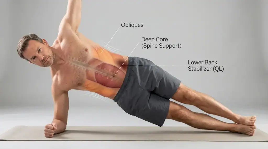 Side plank position showing core muscles that stabilize the spine including obliques and deep core