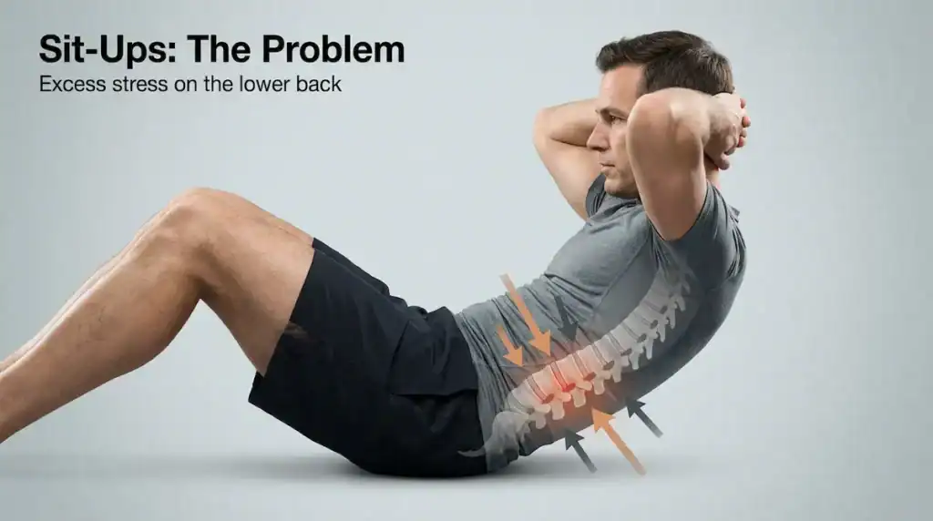 Comparison of sit-up and modified curl-up showing spinal compression versus neutral spine position