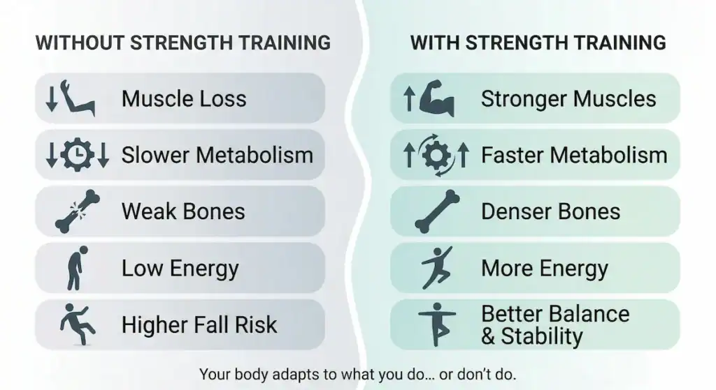 strength training benefits seniors before after comparison Comparison chart showing effects of strength training versus no strength training in seniors including muscle strength, metabolism, bone health, and balance