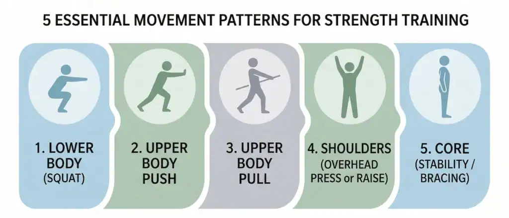 strength training for seniors 5 essential movement patterns Infographic showing five basic movement patterns for seniors including squat, push, pull, shoulder movement, and core stability