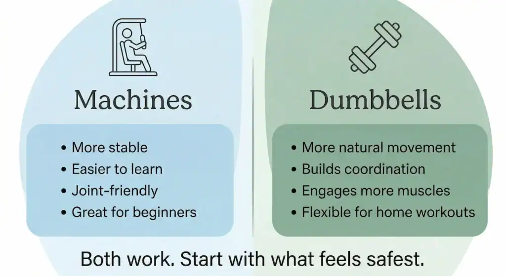 strength training for seniors machine vs dumbbell comparison Comparison chart showing machine exercises versus dumbbell exercises for seniors with benefits of each option