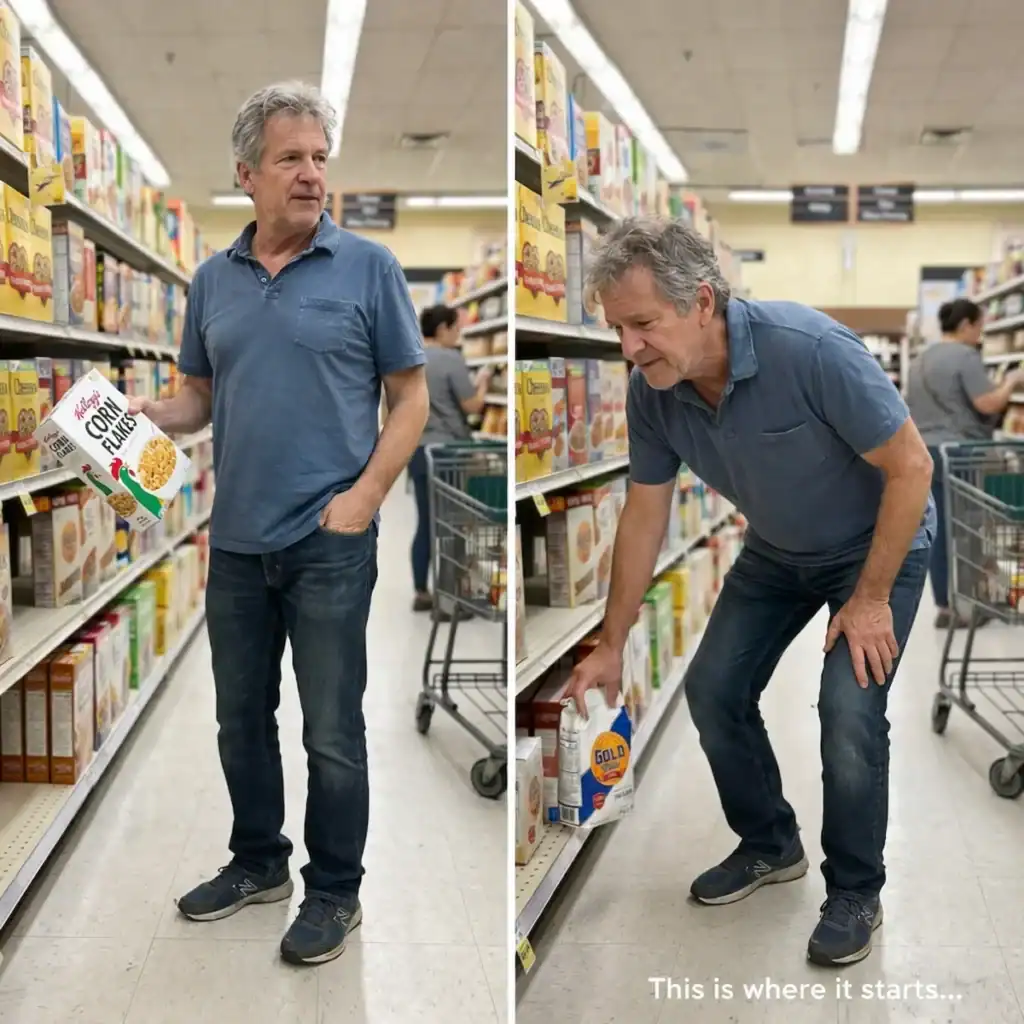 strength training for seniors mobility decline vs strength Older man in grocery store standing easily on one side and showing mild effort while rising from a low shelf on the other, illustrating early decline in strength and mobility