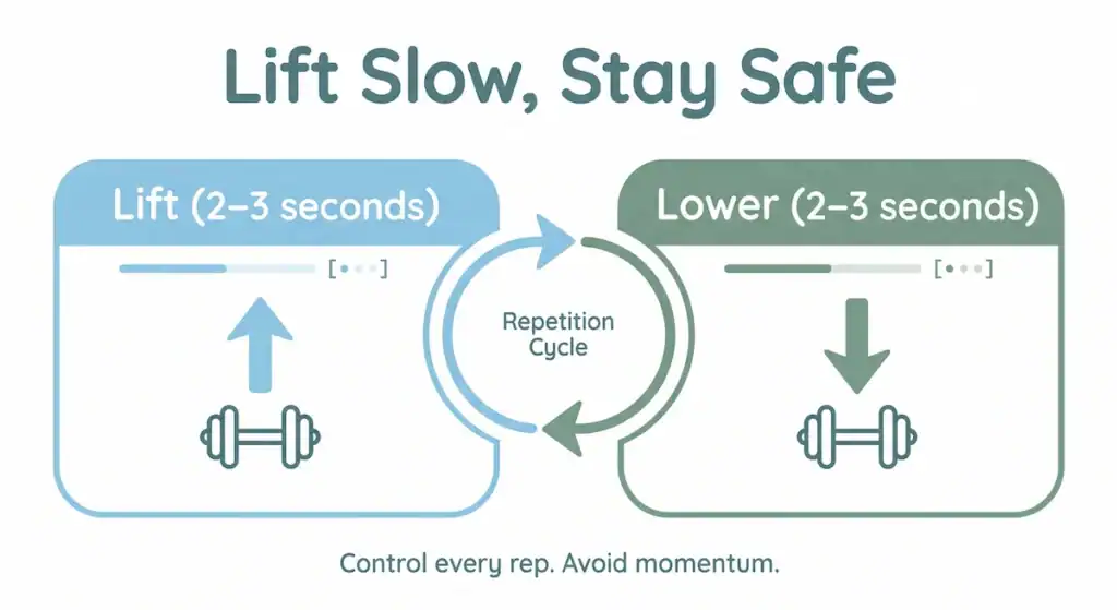 strength training for seniors rep tempo guide Infographic showing proper lifting tempo for seniors with 2 to 3 seconds to lift a weight and 2 to 3 seconds to lower it