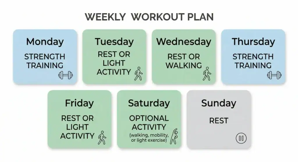 strength training seniors weekly workout plan Simple weekly strength training schedule for seniors showing two workout days, rest days, and optional light activity for recovery
