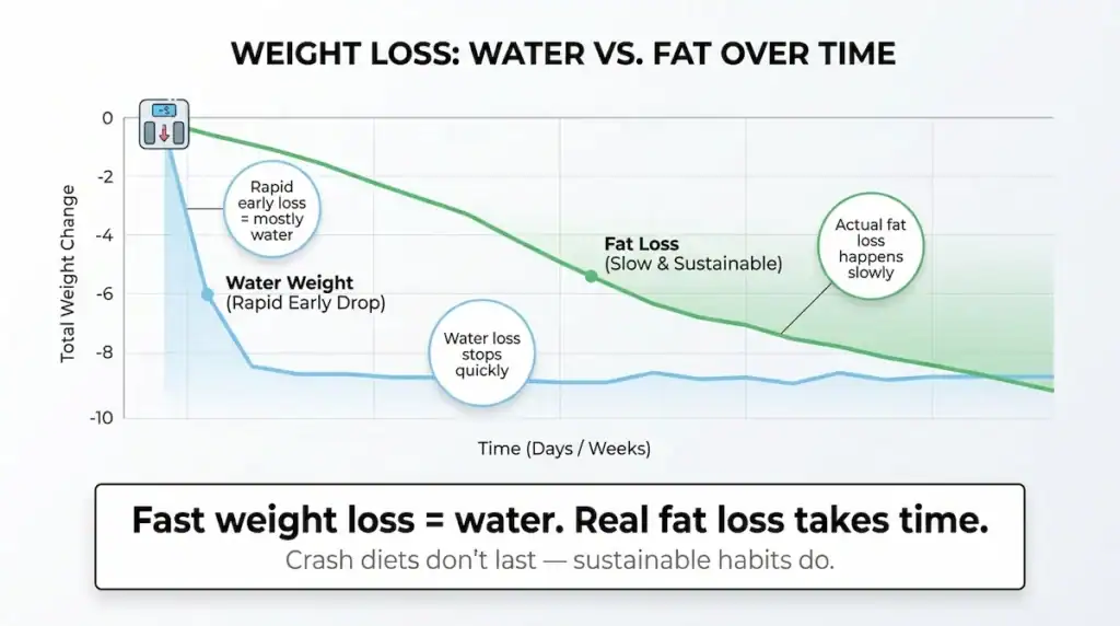 Rapid weight loss is mostly water weight, while real fat loss happens more slowly and consistently over time.