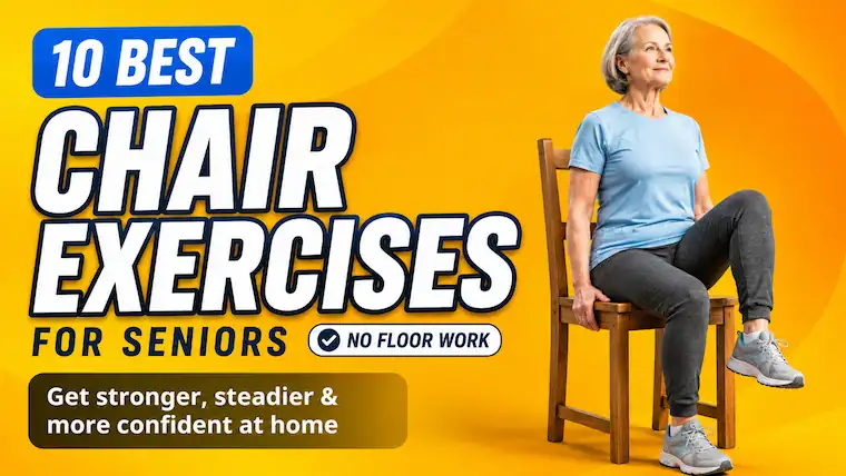 Senior woman doing a seated chair exercise with one knee lifted, promoting safe no-floor-work exercises for seniors.