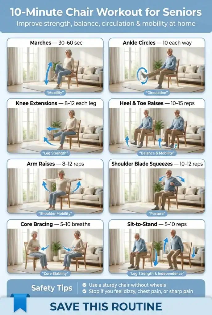 Infographic showing a 10-minute chair workout routine for seniors with seated exercises including marches, ankle circles, knee extensions, heel and toe raises, arm raises, shoulder blade squeezes, core bracing, and sit-to-stand movements.