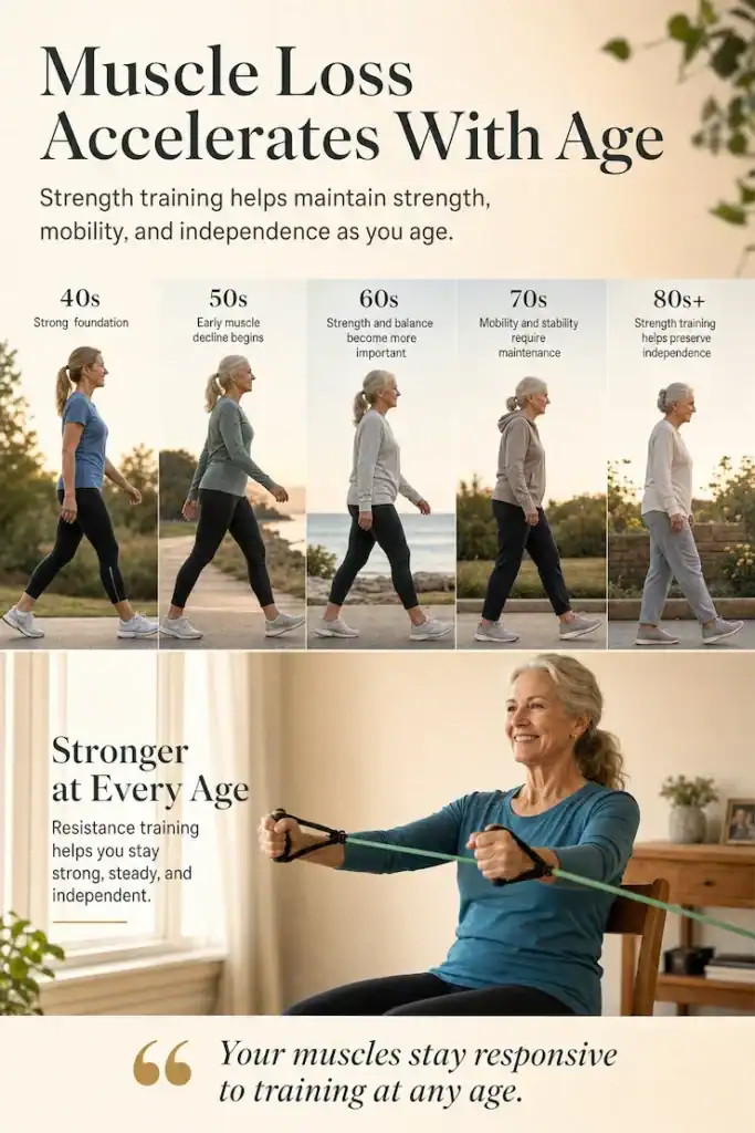 Infographic showing how muscle loss and reduced mobility can increase with age and how strength training helps seniors maintain strength, posture, and independence.