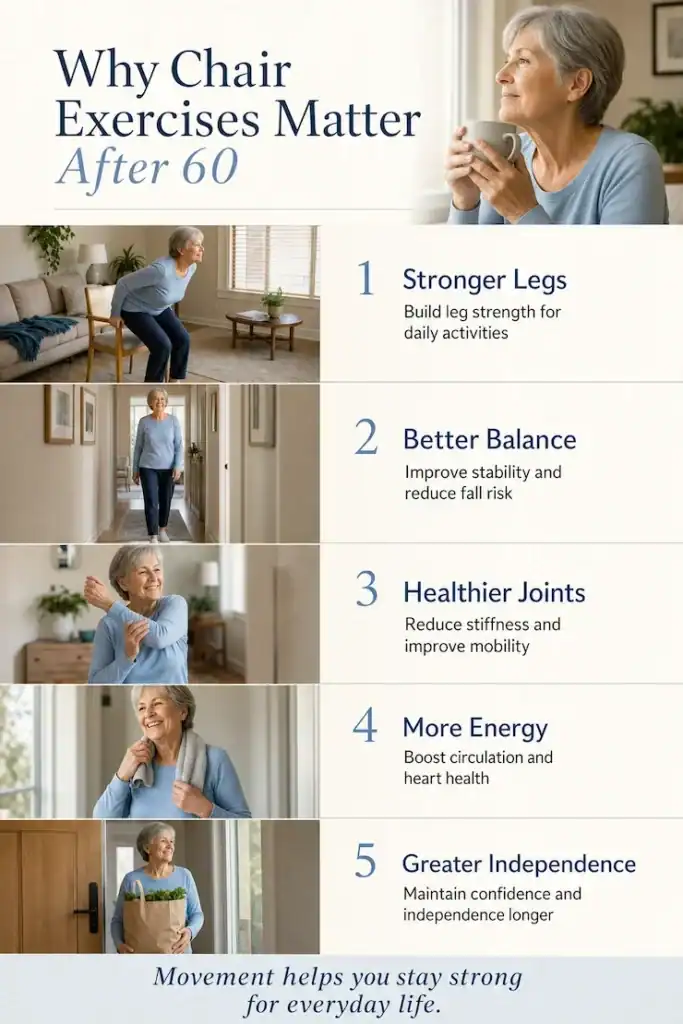 Infographic showing the benefits of chair exercises for seniors including stronger legs, improved balance, healthier joints, better circulation, and greater independence.
