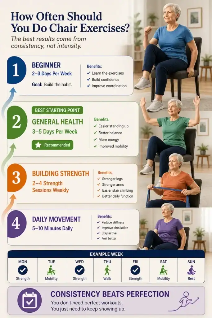 Infographic showing recommended chair exercise frequency for seniors, including beginner, general fitness, strength-building, and daily mobility guidelines.