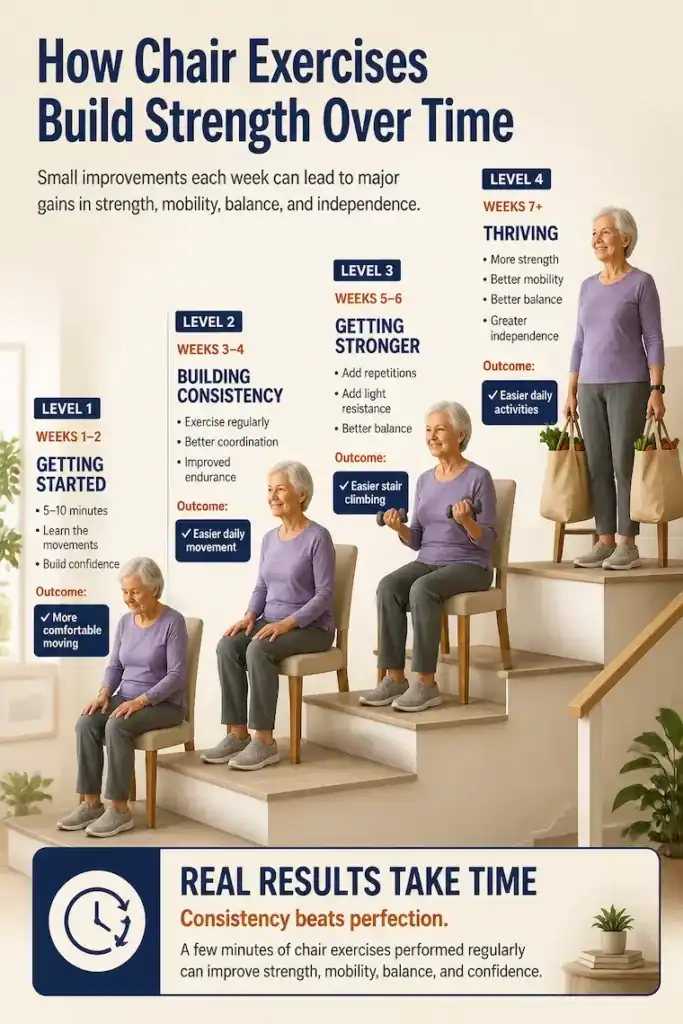 Infographic showing a four-stage progression plan for seniors beginning chair exercises, starting with short sessions and gradually increasing duration and difficulty.