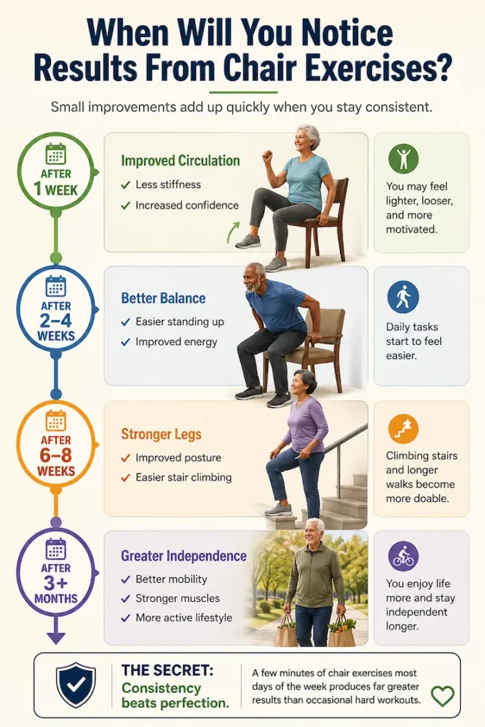 Timeline infographic showing common improvements seniors may notice from chair exercises after one week, one month, two months, and three months of consistent training.