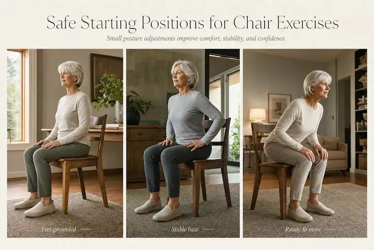 Older adult demonstrating proper seated posture and safe starting positions for chair exercises using a sturdy chair.