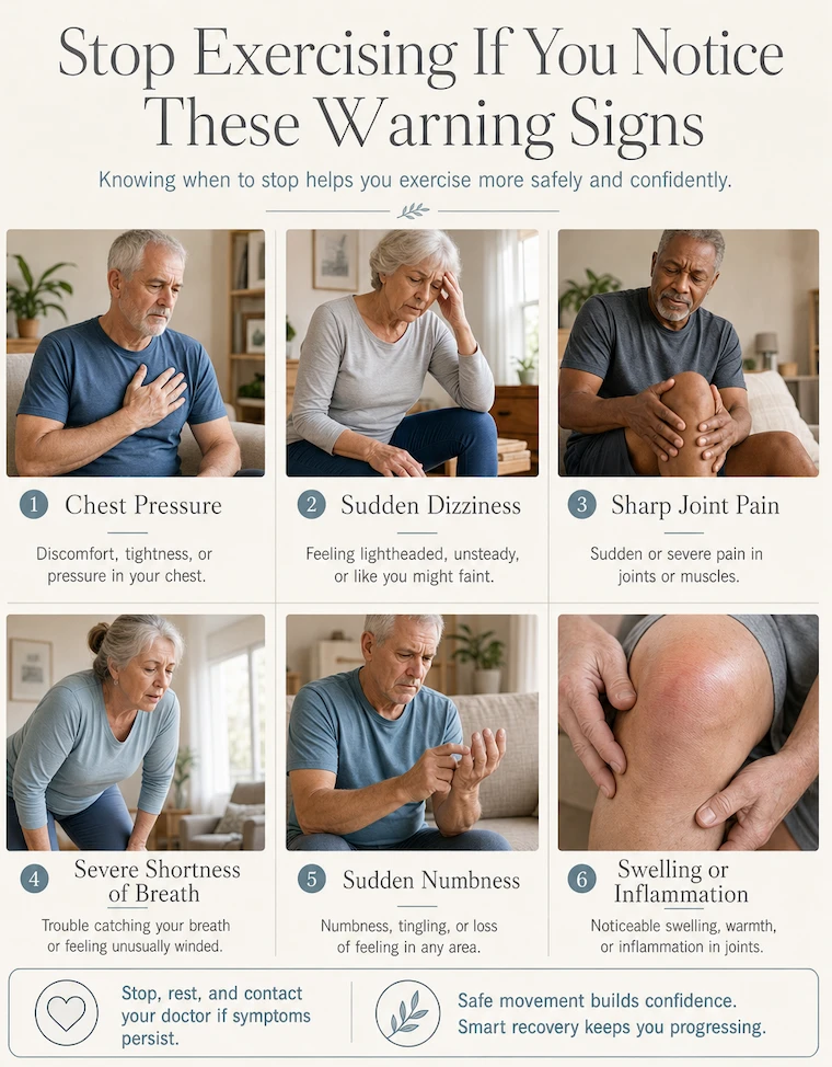 Infographic showing warning signs older adults should stop chair exercises immediately, including chest pain, dizziness, joint pain, swelling, numbness, and shortness of breath.