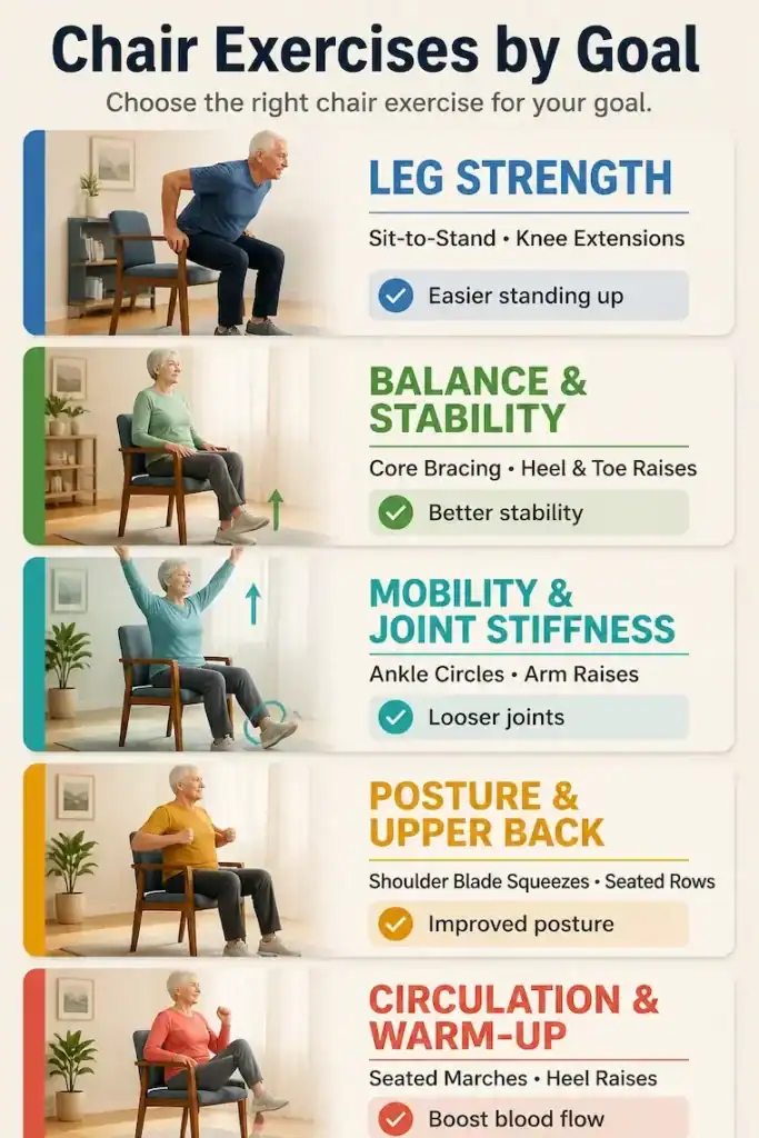 Infographic showing chair exercises for seniors grouped by goals including leg strength, balance, mobility, posture, and circulation.