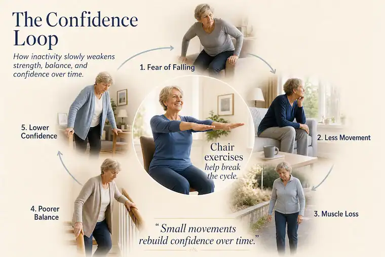Infographic showing how fear of falling, inactivity, muscle loss, poor balance, and lower confidence can create a cycle in older adults and how chair exercises help break that cycle.