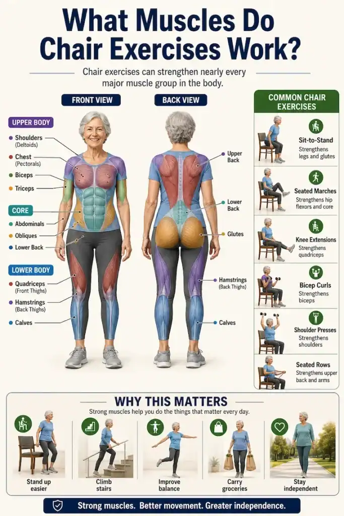 Anatomy infographic showing the major muscle groups strengthened by chair exercises, including the shoulders, arms, core, glutes, thighs, and calves.