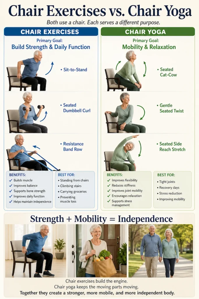 Comparison infographic showing the differences between chair exercises and chair yoga, including goals, benefits, and best uses for each.
