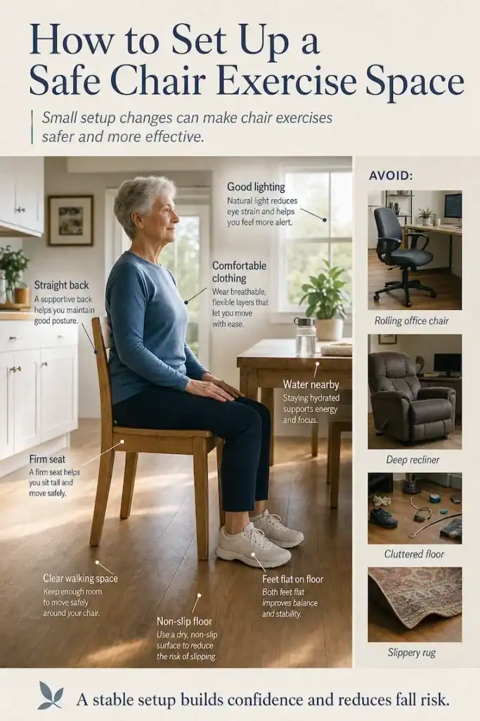 Infographic showing how to safely set up a chair exercise space for seniors using a sturdy chair, clear floor space, proper lighting, and stable posture.