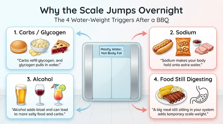 4 water weight triggers after 4th of july bbq Infographic showing four causes of temporary post-holiday scale gain: carbs and glycogen, sodium, alcohol, and food still digesting, with a central message that the weight increase is mostly water, not body fat.
