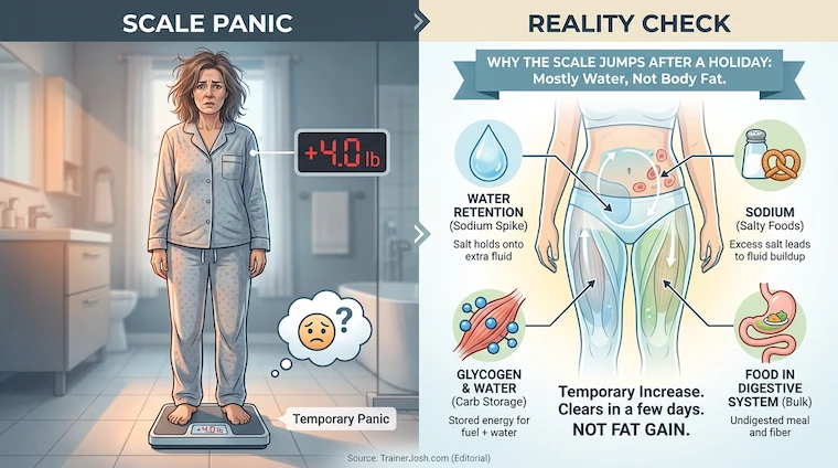 4th of july scale gain water weight not fat Split-screen graphic showing a worried adult on a scale after the Fourth of July and a visual explanation that the weight increase is mostly water, glycogen, sodium, and food weight, not body fat.