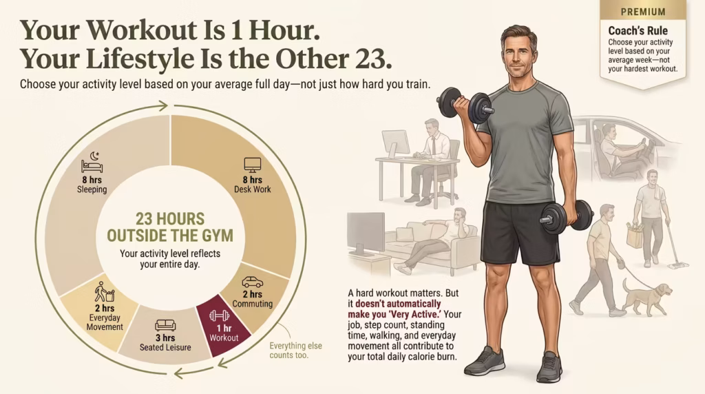 calorie calculator activity level workout vs lifestyle Infographic showing a 24-hour day with one hour of exercise and 23 hours of sleep, desk work, commuting, seated leisure, and everyday movement.