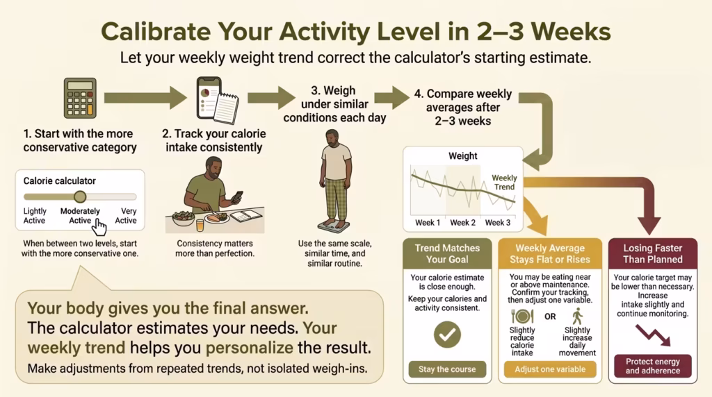 calorie calculator calibrate activity level weekly weight trend Flowchart showing how to choose a conservative activity level, track calorie intake and daily weight for two to three weeks, compare weekly averages, and adjust based on the trend.