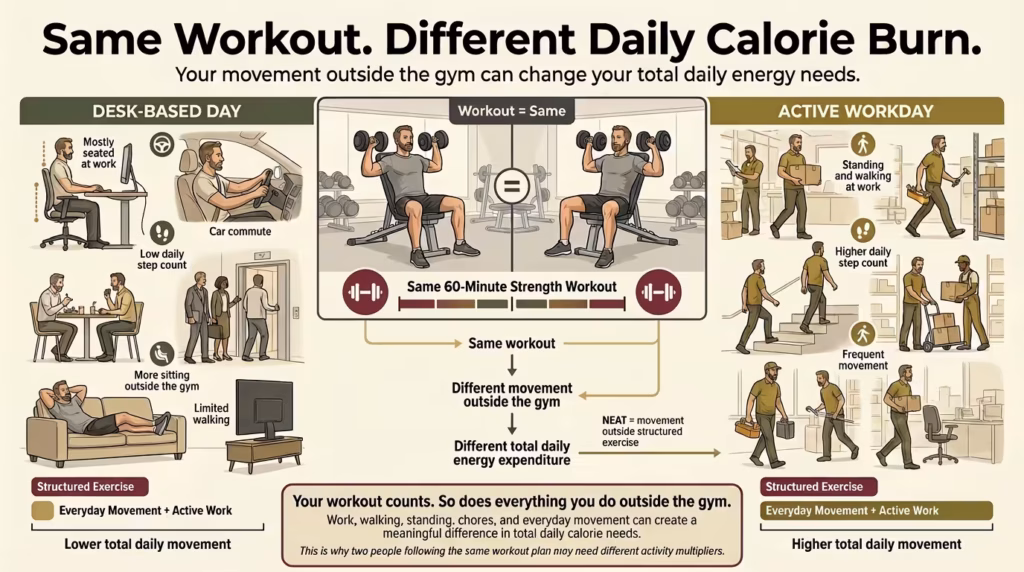 calorie calculator same workout different daily calorie burn Split-screen infographic comparing a desk worker and an active worker who complete the same 60-minute strength workout but have different daily movement and energy expenditure.