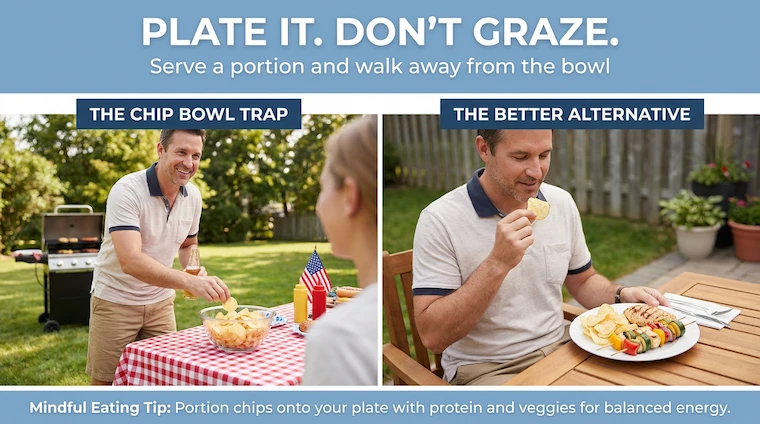 Side-by-side graphic showing a person grazing from a communal bowl of chips at a barbecue compared with a small plated portion of chips served with protein and vegetables.