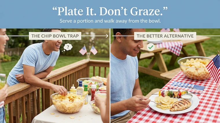 chip bowl trap plate it dont graze bbq Side-by-side graphic showing a person grazing from a communal bowl of chips at a barbecue compared with a small plated portion of chips served with protein and vegetables.