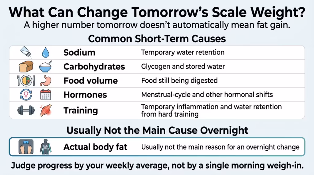 daily scale weight fluctuations causes infographic Infographic explaining that sodium, carbohydrates, food volume, hormonal shifts, and hard training can change next-day scale weight, while body fat is usually not the main cause of an overnight increase.