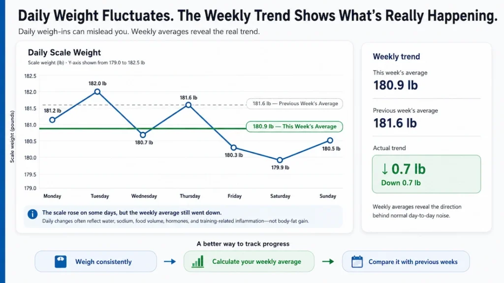 daily weight fluctuations weekly average trend chart Seven-day weight chart showing daily fluctuations from 179.9 to 182 pounds while the weekly average drops from 181.6 to 180.9 pounds, a downward trend of 0.7 pounds.