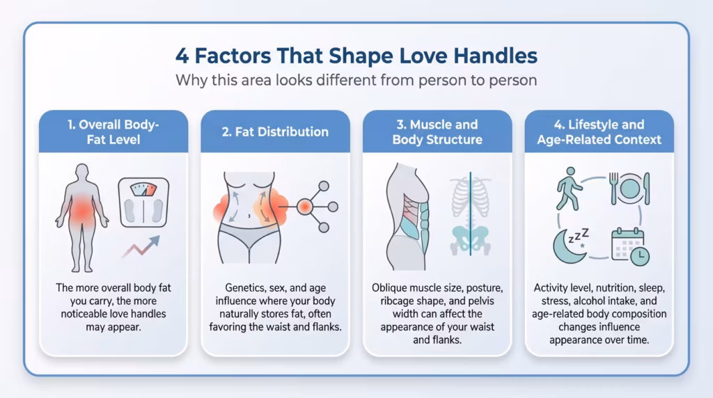 Infographic showing four factors that shape love handles: overall body-fat level, fat distribution, muscle and body structure, and lifestyle and age-related changes.