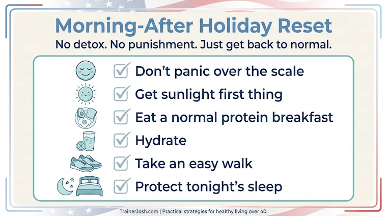 morning after 4th of july weight loss reset checklist Checklist graphic showing a morning-after Fourth of July reset with steps to avoid scale panic, get sunlight, eat a protein breakfast, hydrate, walk, and protect sleep.