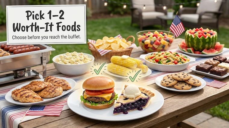 pick worth it foods 4th of july bbq Infographic showing a Fourth of July barbecue buffet with one or two foods highlighted to represent choosing worth-it foods before filling a plate.