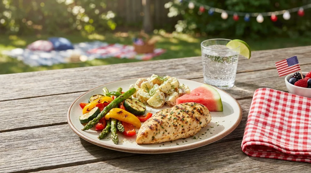 smart 4th of july bbq plate weight loss after 40 Balanced Fourth of July barbecue plate with grilled chicken, vegetables, salad, corn, and potato salad on an outdoor picnic table with sparkling water.