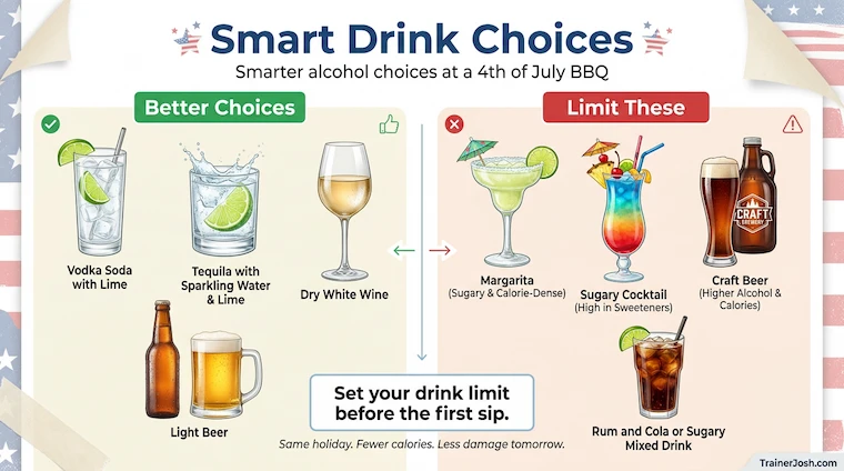 smart drink choices 4th of july bbq weight loss Infographic comparing smarter Fourth of July drink choices such as vodka soda, tequila with sparkling water, dry wine, and light beer with higher-calorie options like margaritas, sugary cocktails, and craft beer.