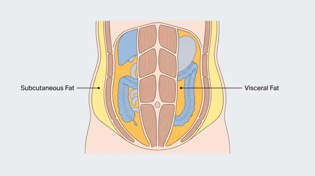 Anatomical cross-section diagram of the human midsection contrasting subcutaneous fat and visceral fat. The diagram shows subcutaneous fat sitting directly beneath the skin on the waist and flanks, a distinct abdominal muscle wall, and visceral fat packed deeper inside the abdominal cavity wrapping around internal organs.