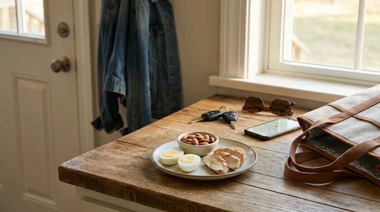 what to eat before 4th of july bbq weight loss Pre-barbecue meal with protein-rich foods such as eggs, chicken, nuts, and vegetables on a kitchen counter with keys nearby, showing what to eat before a Fourth of July cookout.
