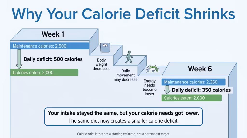 why calorie deficit shrinks over time Infographic showing maintenance calories dropping from 2,500 in week one to 2,350 in week six while intake stays at 2,000 calories, shrinking the daily deficit from 500 to 350 calories.