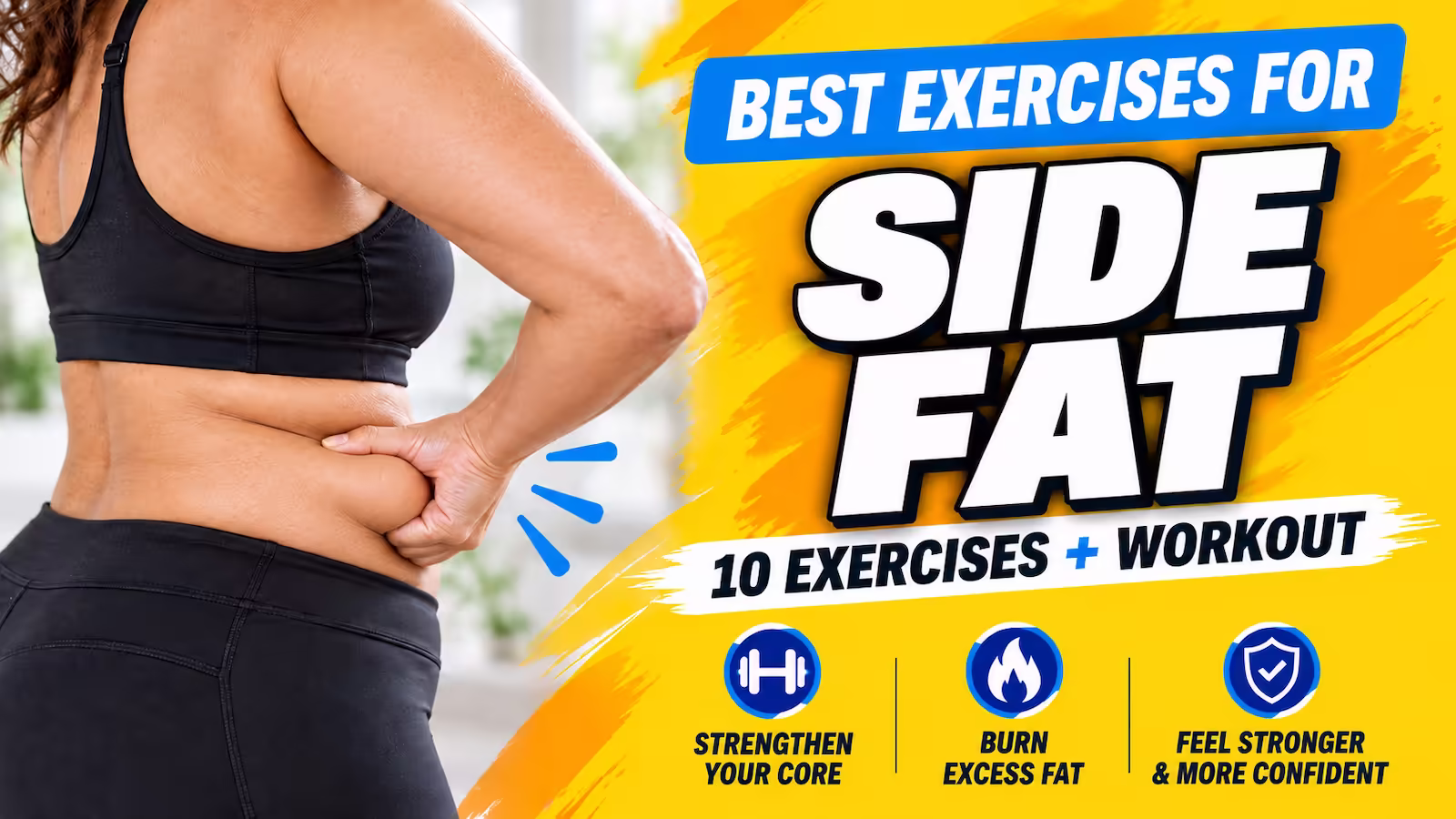 Woman in her 40s pinching side waist fat beside a demonstration of a standing core exercise, illustrating how to reduce side fat with overall fat loss and core training.