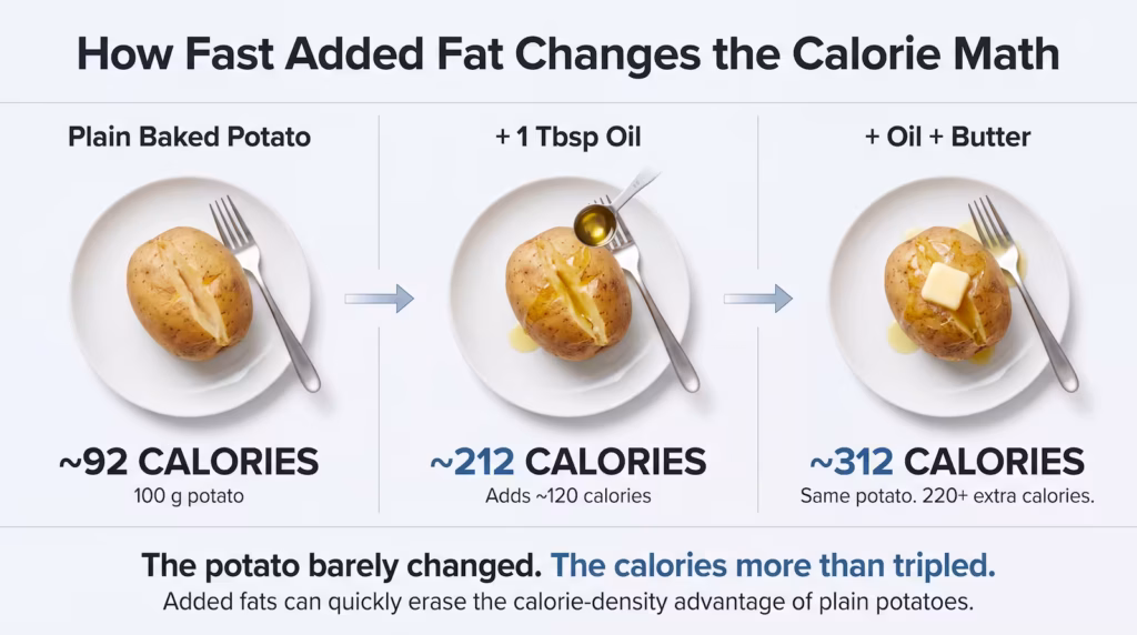 potato calories added oil butter weight loss Three baked potatoes showing how calories increase from about 92 calories plain to 212 with one tablespoon of oil and 312 with oil and butter.