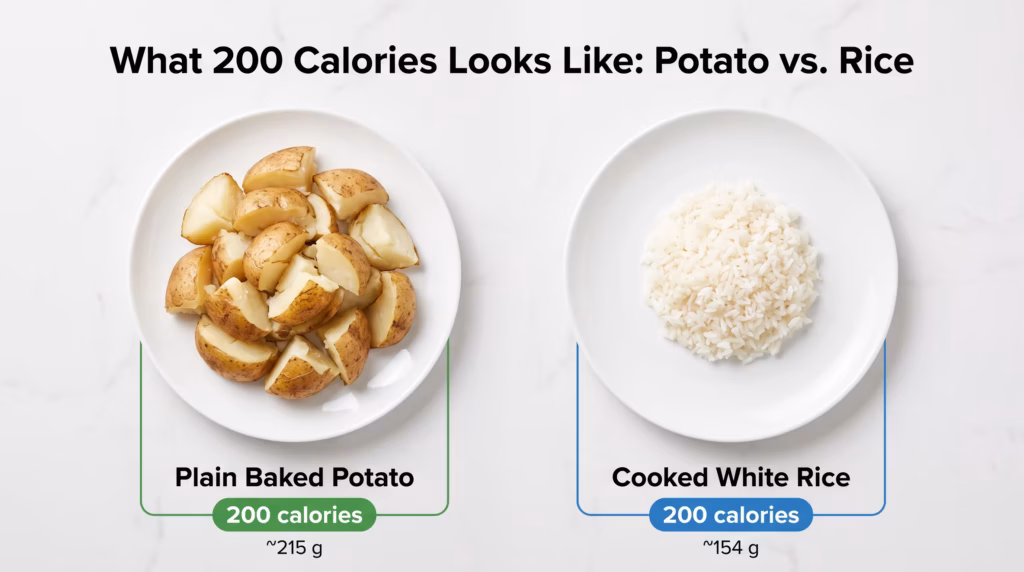 potatoes vs rice for weight loss 200 calories Side-by-side comparison of about 200 calories of plain baked potatoes (215 g) and cooked white rice (154 g), showing the larger potato portion.